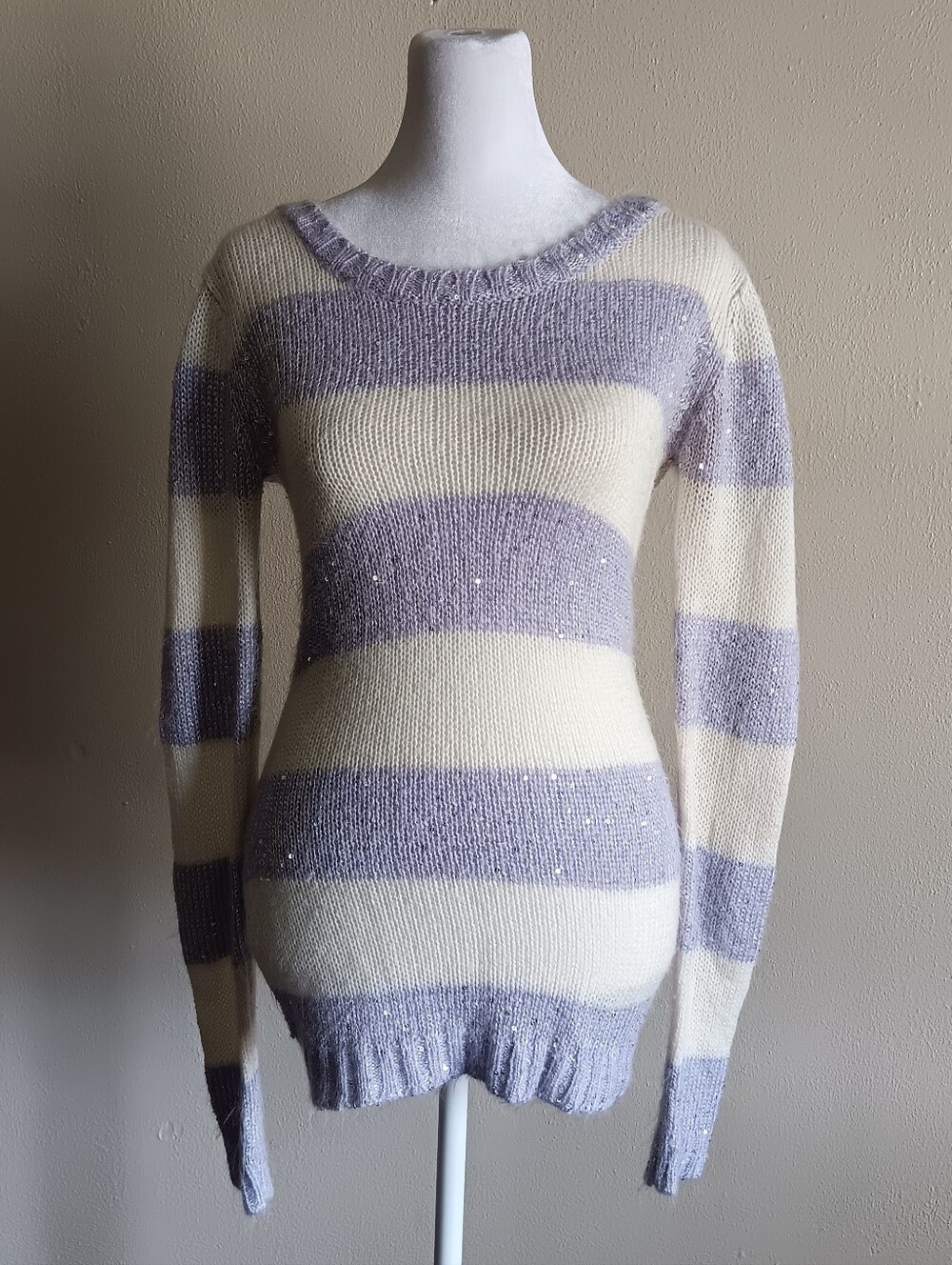Y2k Wool Blend Rue21 Striped Lavender & Cream Knit Sweater, Medium, Long, Fitted
